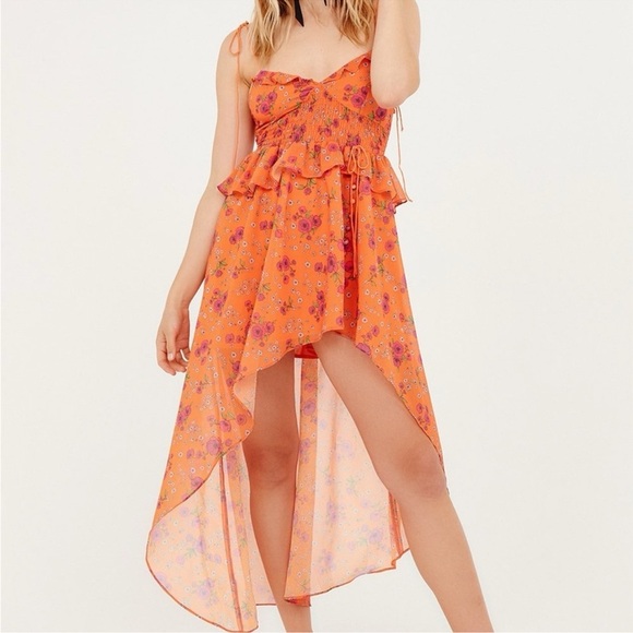 NWT For Love & Lemons Peony Asymmetric High-Low Floral Orange Maxi Dress Small - Picture 3 of 16